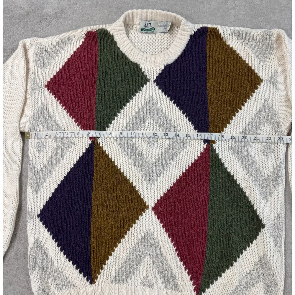 Vintage 417 Van Heusen Mens Medium Ramie Cotton Geometric Diamond Knit Sweater